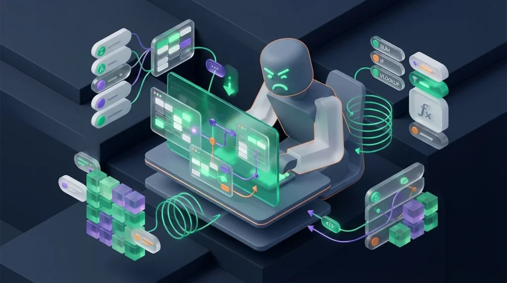 Office worker looking frustrated while staring at a computer screen late at night