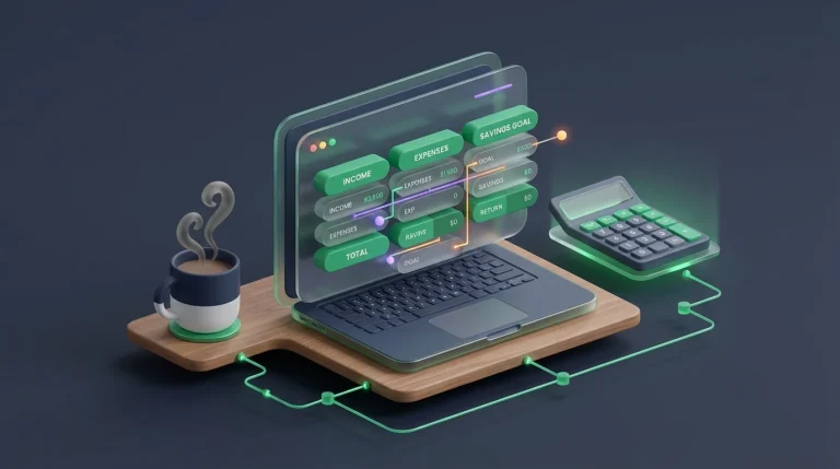 A laptop displaying a spreadsheet next to a calculator and coffee mug