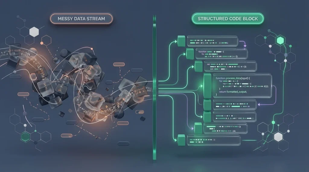 Comparison of a raw single-line formula versus a structured code block in the Google Sheets formula editor.
