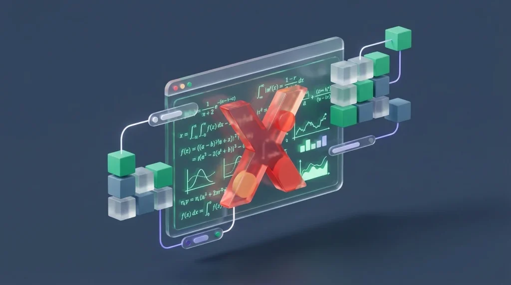 Computer monitor displaying equations with a red X over them