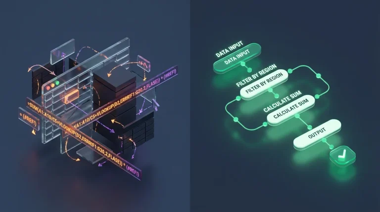 A split composition showing a chaotic, error-filled manual spreadsheet formula string on the left versus a clean, structured logic block diagram representing a visual formula builder on the right, symbolizing order over chaos.