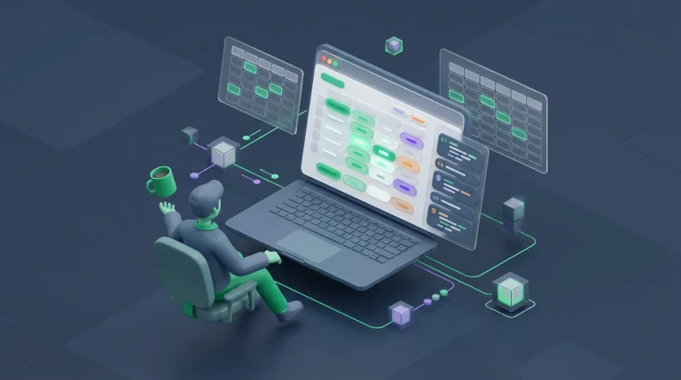 A relaxed person sipping coffee while looking at a clean, organized spreadsheet on a laptop, with a sidebar menu open showing saved code blocks.