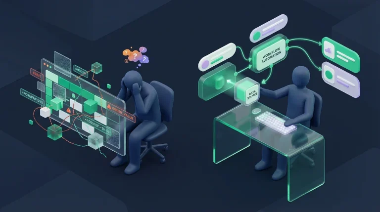 A stressed office worker staring at a computer screen filled with complex, broken spreadsheet formulas, while a calm person next to them uses a visual drag-and-drop interface.