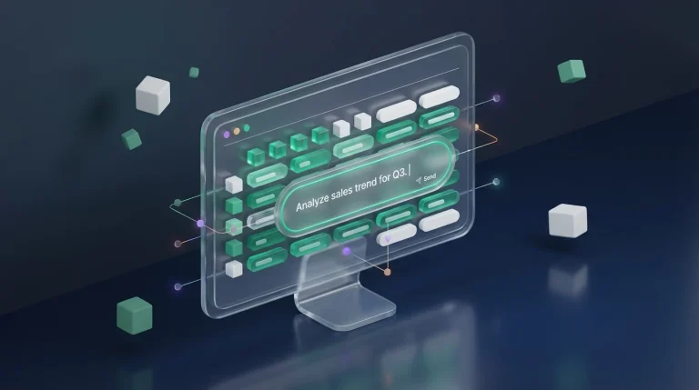 A computer monitor showing a spreadsheet interface with a natural language text prompt box active on the screen.