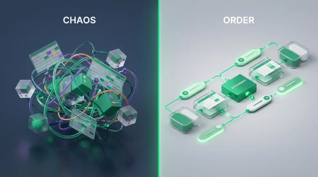 A comparison between tangled wires and neatly organized modular blocks