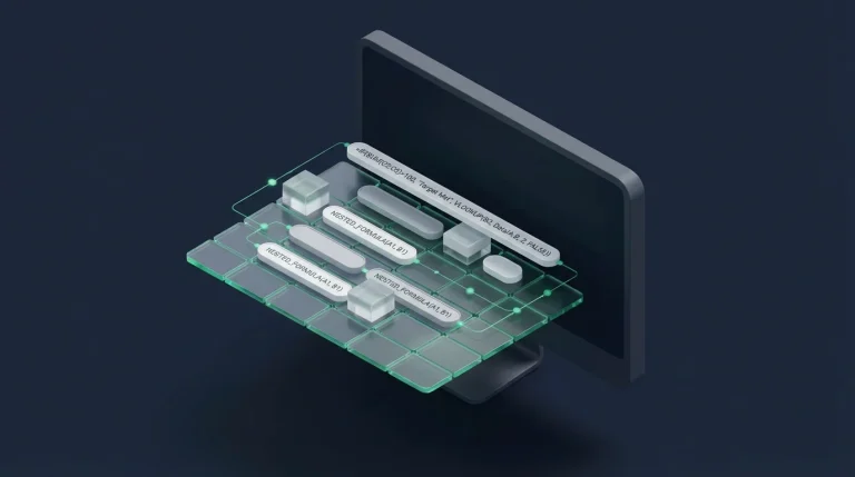 Computer monitor displaying a long, nested spreadsheet formula with brackets