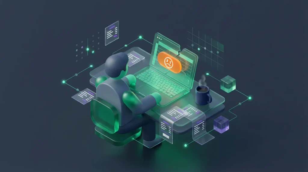 Parent looking frustrated at a laptop screen late at night surrounded by receipts