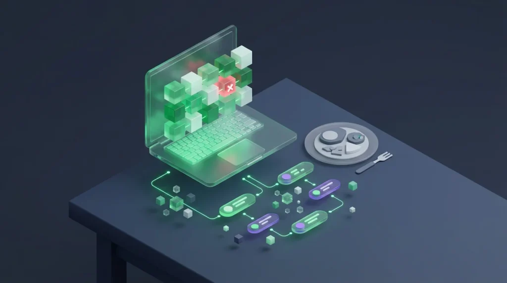 A laptop on a kitchen table showing a spreadsheet error next to a dinner setting.