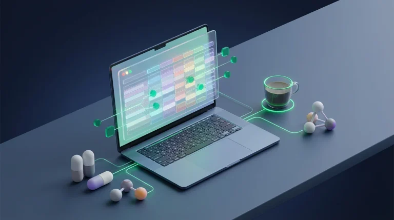 A laptop showing a spreadsheet next to a coffee cup and children's toys on a kitchen table.