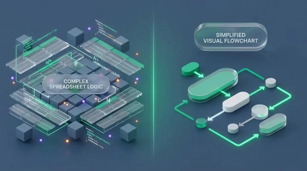 A comparison between a dense spreadsheet code block and a clean visual flowchart.