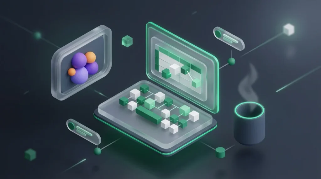 A laptop showing a spreadsheet sits on a desk next to a coffee cup and family photo.