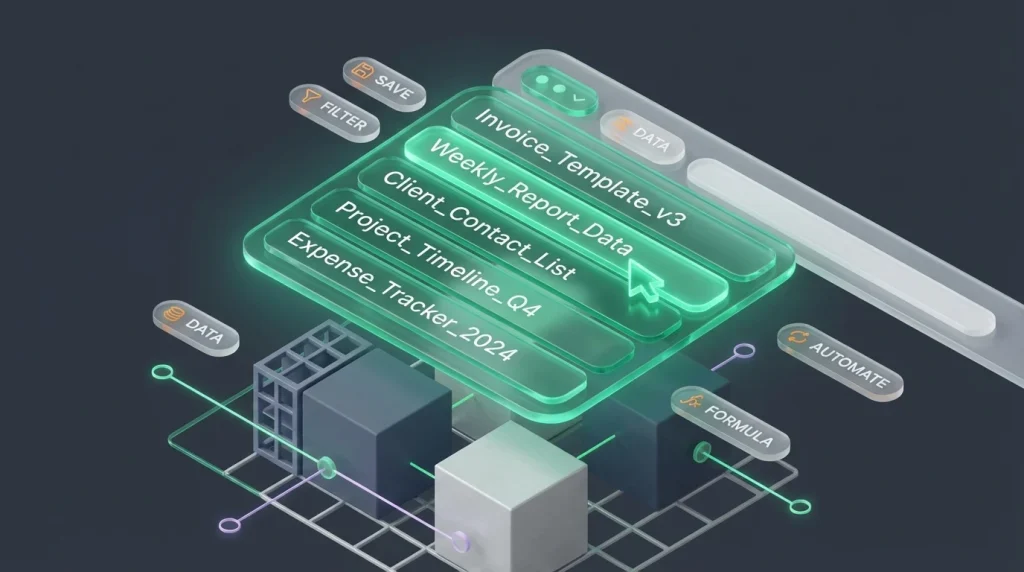 A computer screen displaying a drop-down menu of saved text strings over a spreadsheet.