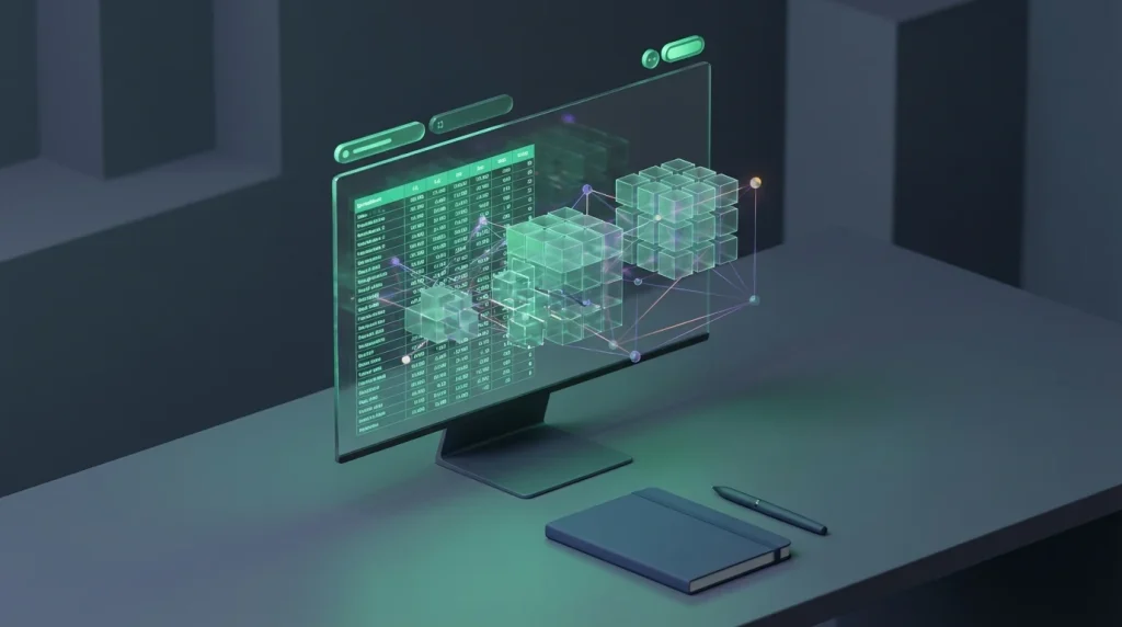 Close-up of computer monitor showing spreadsheet data and charts on a neat office desk.