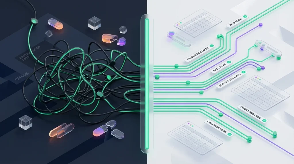 A comparison between tangled wires and neatly organized cables demonstrating proper Google Sheets formula syntax.