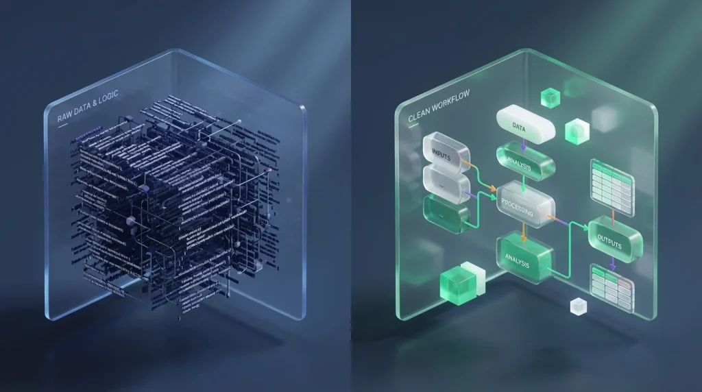 Comparison between raw Google Sheets formula syntax and a clean visual logic flowchart