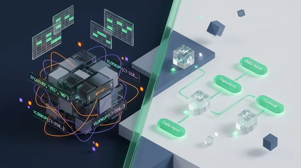 Comparison between confusing spreadsheet code lines and clear visual node building elements