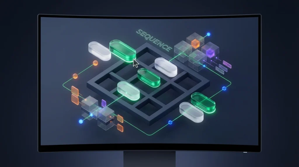 A software interface displaying draggable components forming a logical sequence on a screen