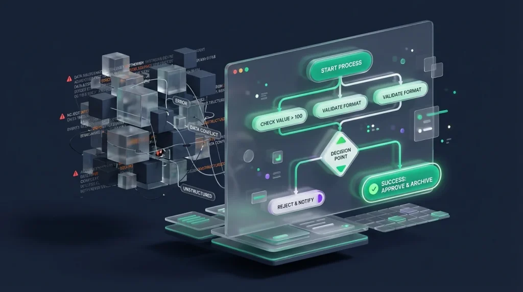 A split screen comparing a dense text explanation with a clean visual flowchart.