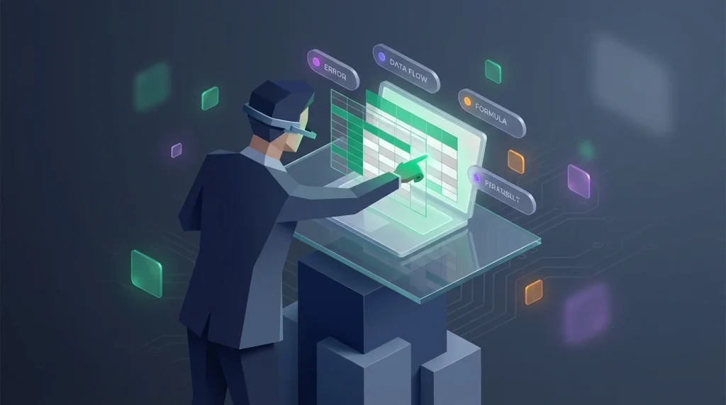 A frustrated professional pointing at a spreadsheet on a laptop.