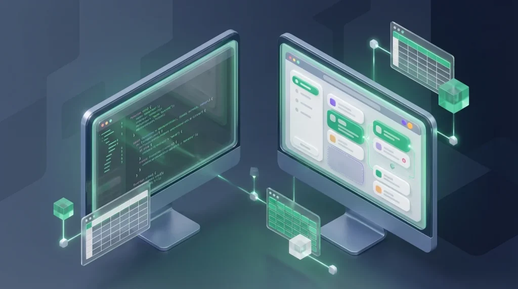 Two monitors comparing raw text code with a graphical block interface.