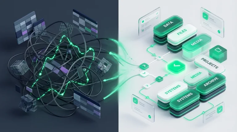 A chaotic wire mess compared to neatly organized storage boxes.
