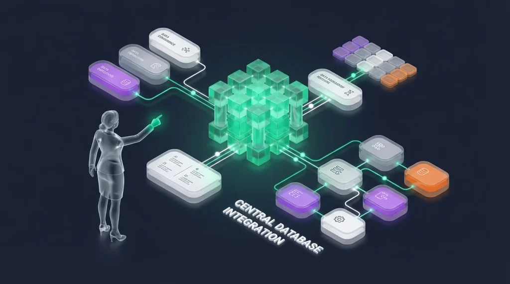 Flowchart showing modular blocks connecting to a central database