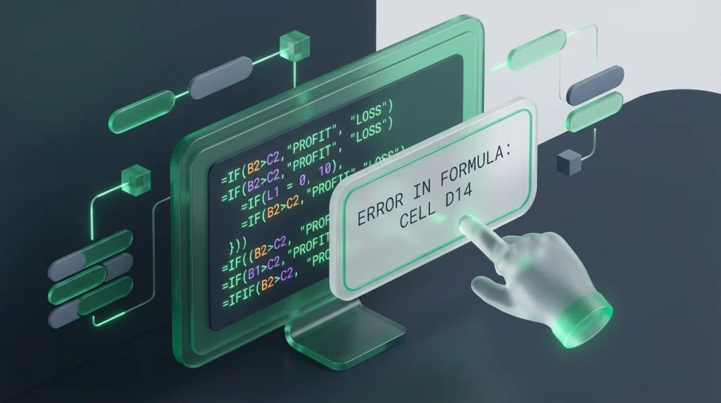 A complex spreadsheet formula with a highlighted syntax error message on a monitor.