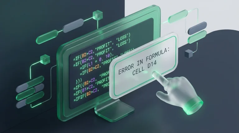 A complex spreadsheet formula with a highlighted syntax error message on a monitor.