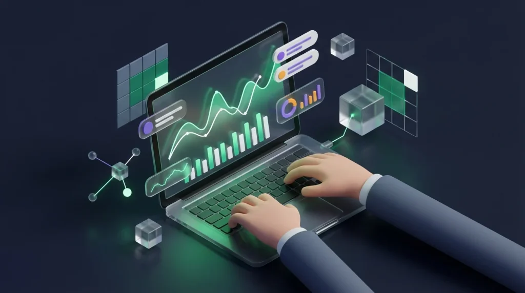 Hands typing on a laptop keyboard reviewing financial charts.