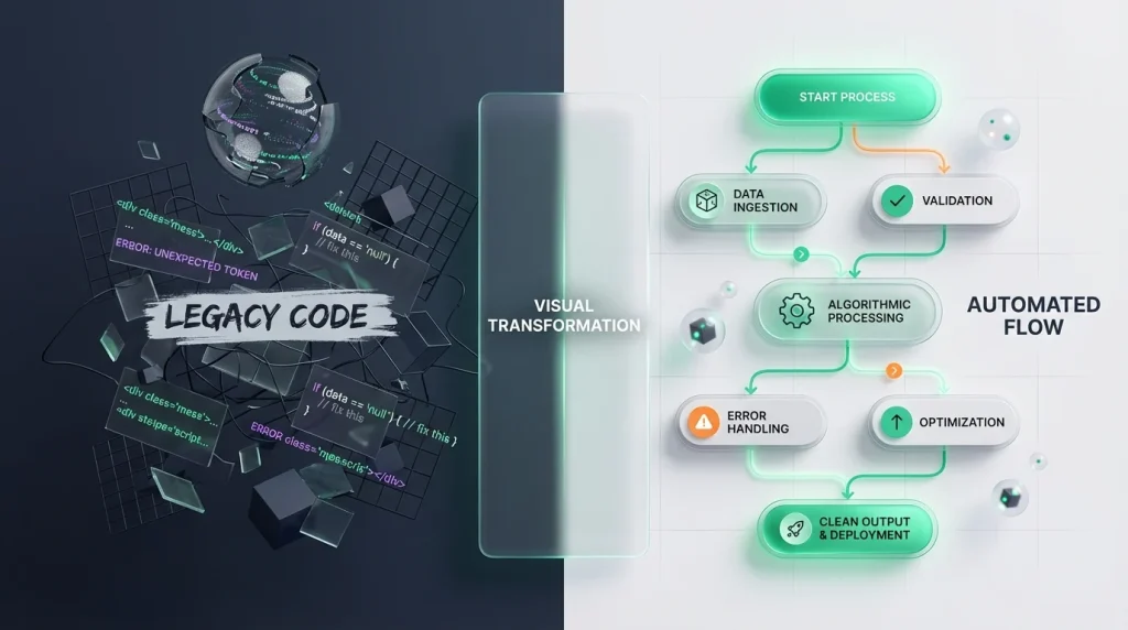 Comparison of messy text code and a clean visual formula builder flowchart