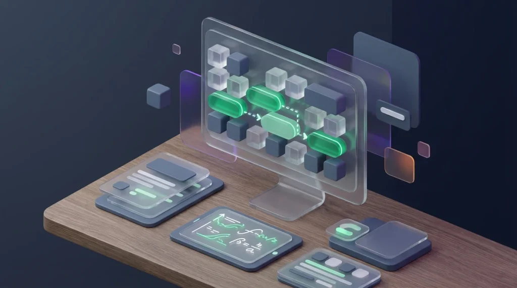 Analyst debugging complex spreadsheet formulas on a desktop monitor with formula audit arrows and data sheets