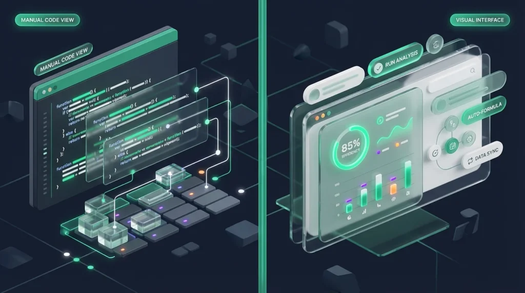 A visual comparison between raw spreadsheet code and an AI spreadsheet assistant interface.