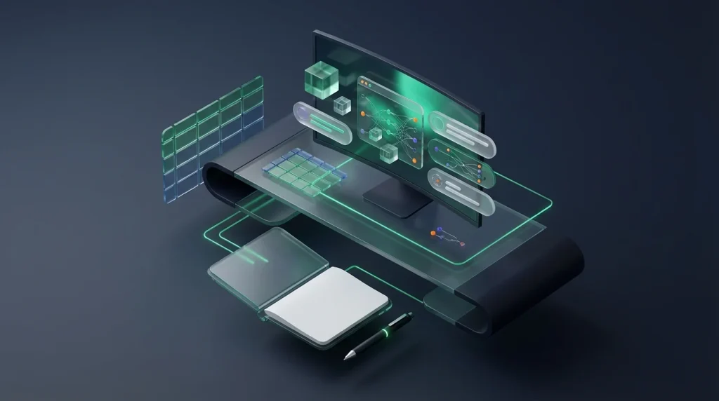 A workspace featuring a computer screen showing data analytics next to office supplies.