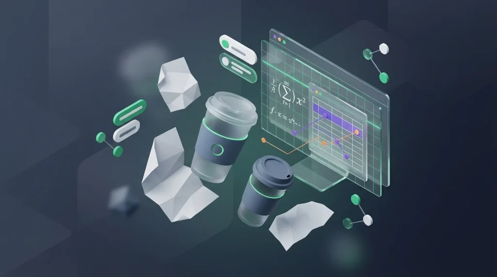 A messy cubicle desk with empty coffee cups and a screen showing equations, representing the chaos when you debug nested IF formulas manually.