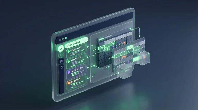 A computer screen showing a side panel tool used to save custom spreadsheet formulas next to a data table.