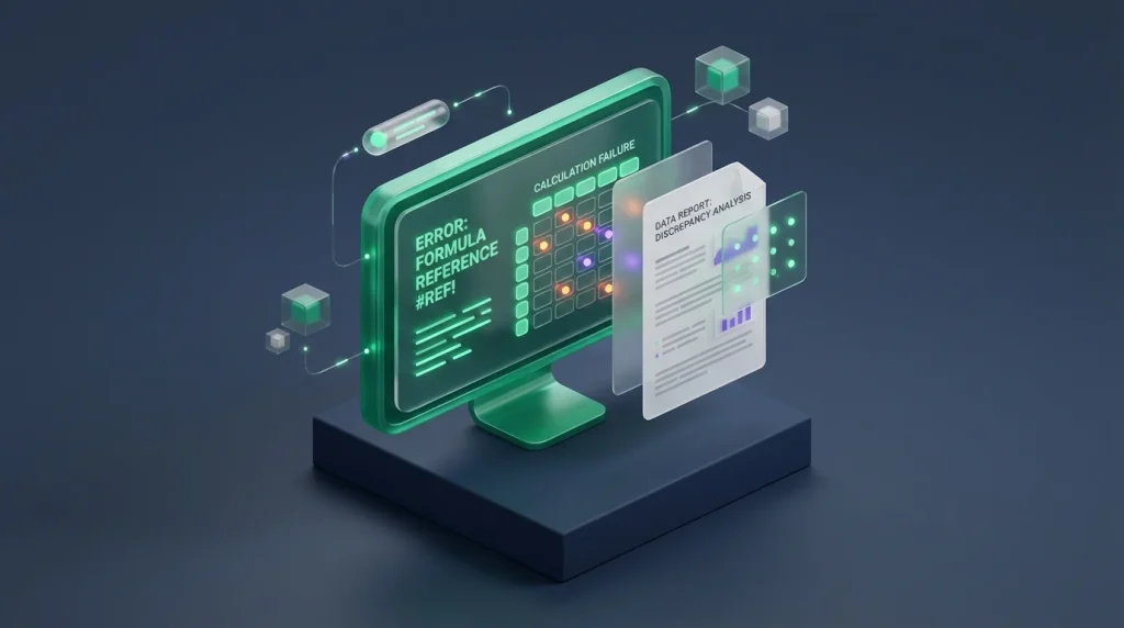 A computer monitor displaying a complex spreadsheet error message highlighting the failure to translate Excel formulas to Google Sheets.