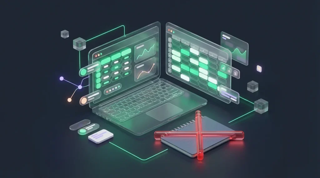 A laptop screen showing spreadsheet software alongside a notebook crossed out in red ink.