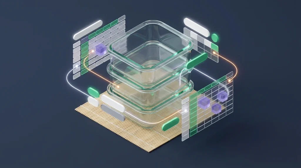Three perfectly stacked glass containers illustrating layered spreadsheet data architecture