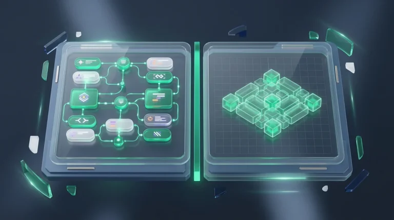 A split digital interface displaying structured logic next to a grid