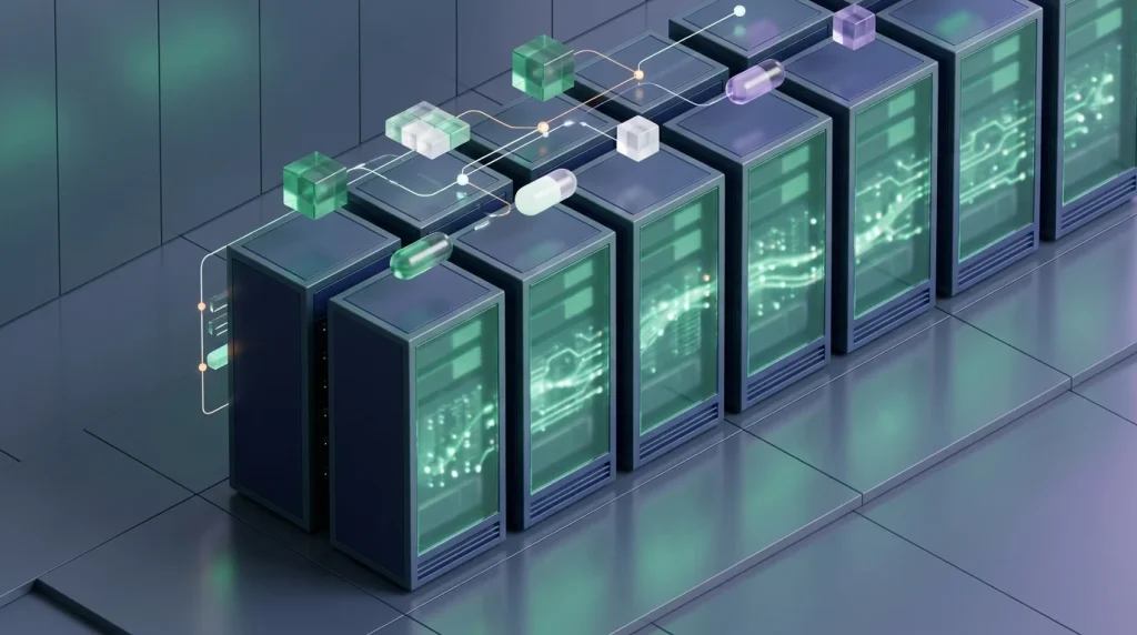 Server racks illustrating how to securely manage complex spreadsheet formulas