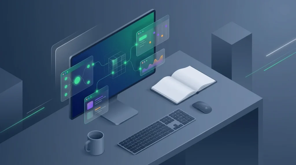 Modern computer setup with split screen interfaces showing structured data nodes.