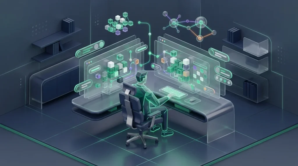 A professional analyzing data to refactor complex spreadsheet logic across dual monitors